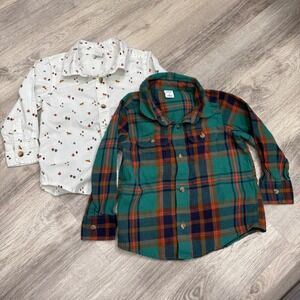 Old Navy Boys 2T Button Down Shirts Long Sleeve Plaid & Forest Scene 2 Pack